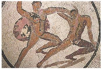 Teseo eta Minotauro II. mendeko mosaiko erromatarraren zatia. Nafarroako Museoa.<br><br>